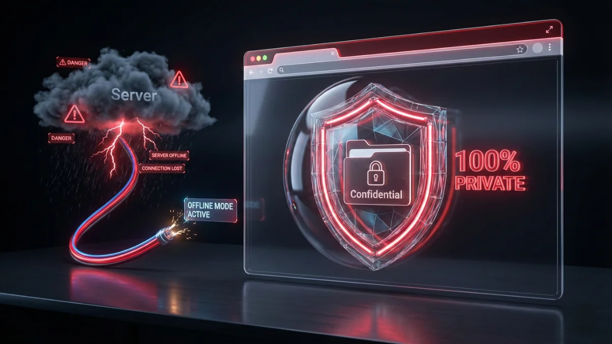 Secure Client-Side PDF Conversion illustration showing a shield protecting documents inside a browser with no server upload.
