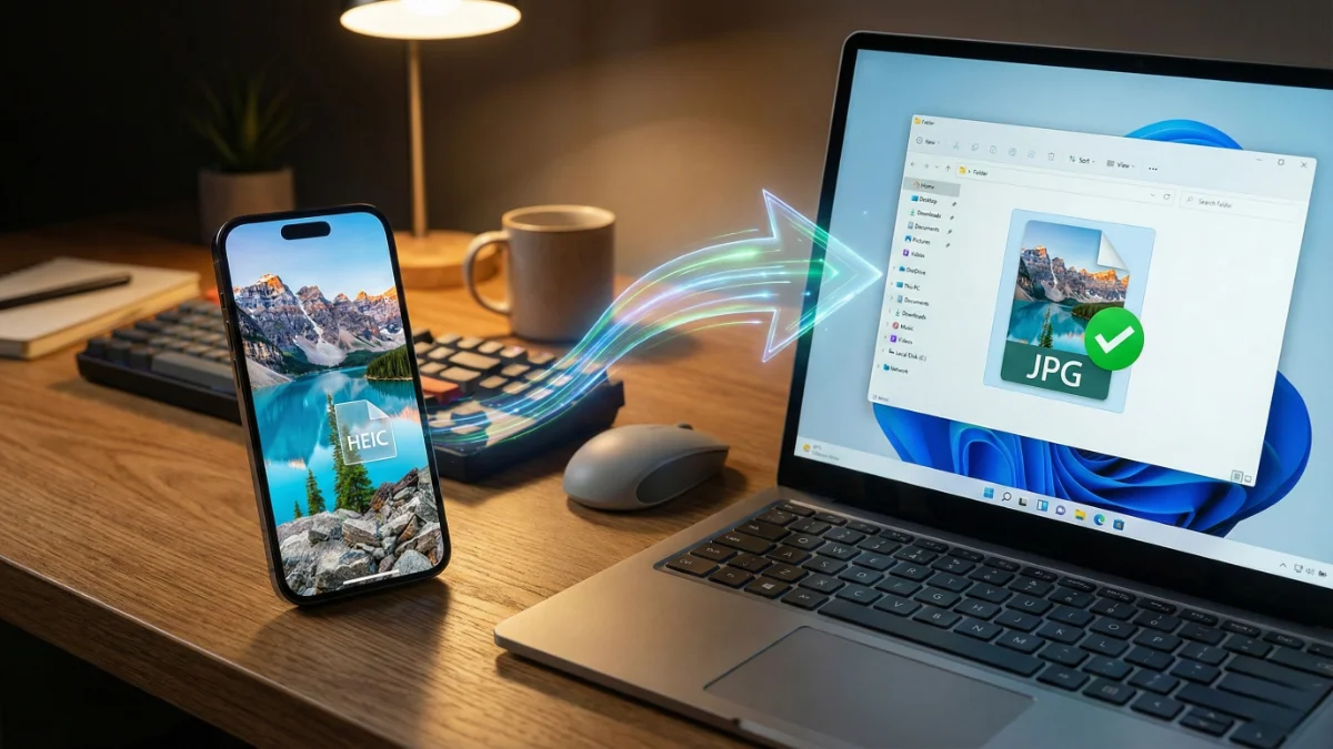 iPhone displaying HEIC photo next to Windows laptop showing converted JPG file with success checkmark.