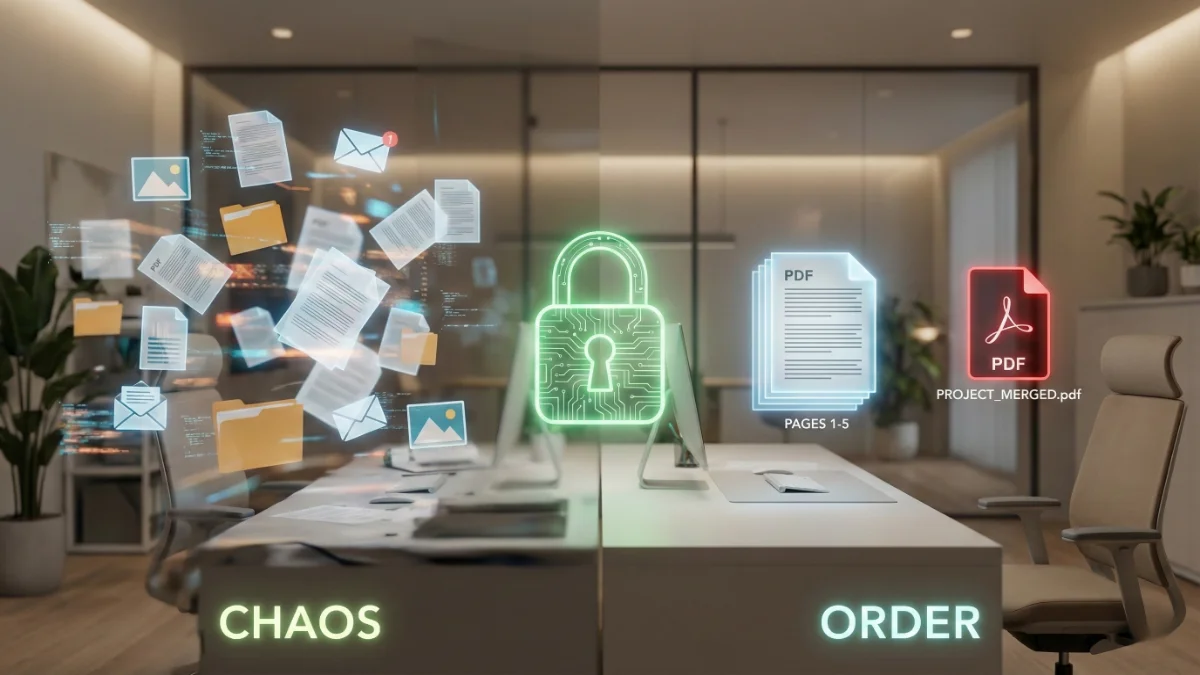 Illustration showing scattered PDF files being merged into one organized document and specific pages being split.