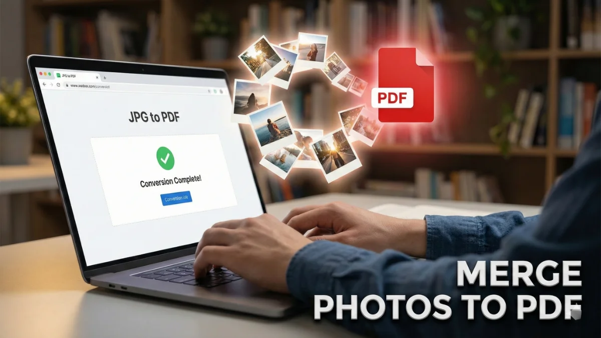 Student merging multiple JPG images into one PDF file on a laptop.