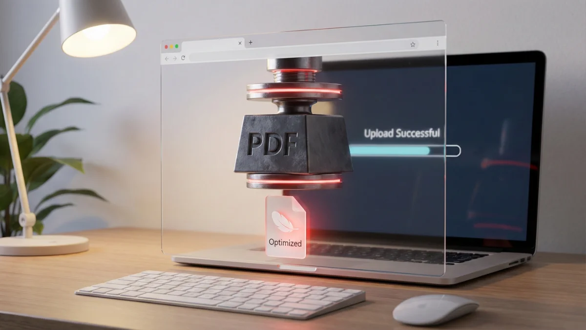 Illustration of a large PDF file being compressed into a smaller, lighter document for email attachments and government portals.